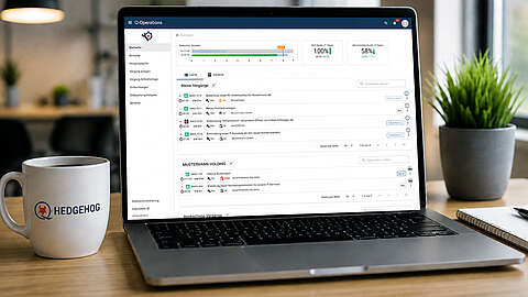 Auf einem Laptop ist ein Business-Dashboard mit Analysen und Aufgaben zu sehen. Daneben steht eine weiße Tasse mit einem Igel-Logo und einem Schriftzug auf einem Holztisch, im Hintergrund ist eine verschwommene Büroeinrichtung zu erkennen.