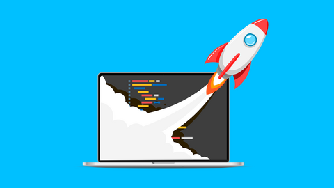 Abbildung eines Laptops mit Code auf dem Bildschirm. Eine Rakete startet vom Bildschirm und erzeugt eine Rauchfahne. Der Hintergrund ist hellblau.