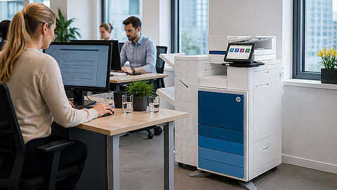 Büroszene mit drei Personen, die an Schreibtischen in der Nähe eines großen HP-Druckers/Kopierers arbeiten. Der Arbeitsbereich ist mit Computern, Topfpflanzen und großen Fenstern mit Blick auf die Stadt ausgestattet. Die Atmosphäre wirkt modern und professionell.