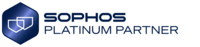 Das Sophos Platinum Partner-Logo mit zwei sich überlappenden Schildsymbolen in einem blauen Sechseck, daneben der Text „SOPHOS PLATINUM PARTNER“ in fetten, dunkelblauen Buchstaben auf hellem Hintergrund.