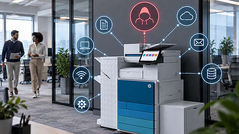 HP-Drucker in einem Bürogebäude mit mehreren blauen und einem roten Symbol, das die Gefahr durch einen Hacker symbolisiert.