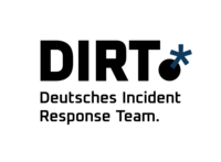Logo für das Deutsche Incident Response Team (DIRT) mit dem Akronym „DIRT“ in fetten schwarzen Buchstaben und einem blauen Sternchen, darunter steht der vollständige Name in kleinerer Schrift.