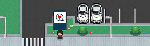 Pixel-Art-Szene mit einer Person, die auf dem Bürgersteig steht, zwei nebeneinander geparkten weißen Autos, einem blauen Schild mit rotem Katzenlogo, Bäumen und ein paar verstreuten Münzen auf dem Bürgersteig.