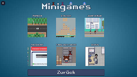 Ein Pixelart-Menübildschirm mit dem Titel "Minispiele" zeigt sechs Spieloptionen an: Parken, Q-Block, Jump'n'Run, Passwort, Fang den Fuchs und Debug. Am unteren Rand befindet sich eine große "Zurück"-Schaltfläche.