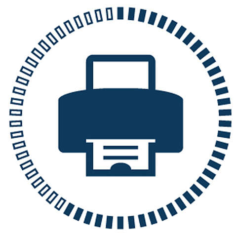 Ein blaues Druckersymbol mit einem herauskommenden Papier, umgeben von einem kreisförmigen Rahmen, der abwechselnd aus kleinen Quadraten und Rechtecken besteht.