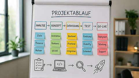 Auf einem Flipchart ist ein Projektablauf auf Deutsch mit sechs farblich gekennzeichneten Phasen dargestellt: Analyse, Konzept, Entwicklung, Test, Go-Live – jeweils mit Haftnotizen für die einzelnen Aufgaben. Die Symbole am unteren Rand stehen für die einzelnen Schritte des Arbeitsablaufs.