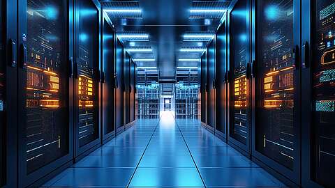Ein hell erleuchteter Gang in einem Rechenzentrum, an dessen beiden Seiten Reihen von Serverracks stehen, die in blauem und orangefarbenem Licht leuchten, das sich auf dem glänzenden Boden und den Deckenplatten spiegelt.