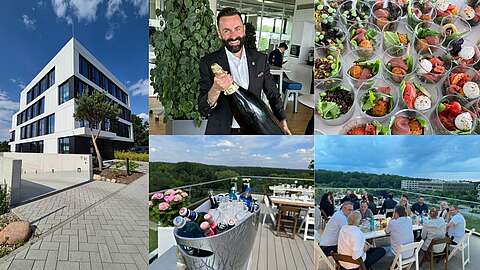Eine Collage zeigt ein modernes Gebäude, einen Mann mit einer großen Flasche Champagner in der Hand, eine Draufsicht auf verschiedene Vorspeisen, einen Eimer mit Getränken auf einem Tisch im Freien und Menschen, die im Freien mit Blick auf die Landschaft speisen.