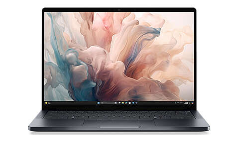 Auf einem Laptop wird ein CFO-Dashboard angezeigt, das Vermögenswerte, Umsatz, Nettoeinkommen und Ausgaben anzeigt, mit Diagrammen für das Nettoeinkommen nach Standort und den Umsatz pro Verkaufsstunde sowie einer Willkommensnachricht für einen KI-Assistenten.