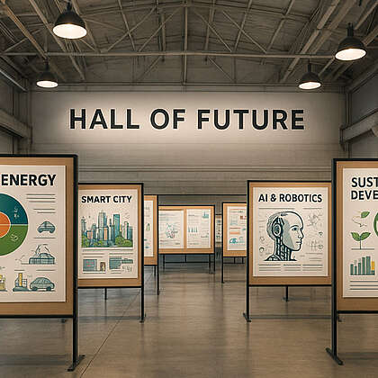 Eine geräumige Ausstellungshalle mit dem Titel "Halle der Zukunft", in der Schautafeln mit farbenfrohen Grafiken zu den Themen Energie, intelligente Städte, KI und Robotik sowie nachhaltige Entwicklung bei industrieller Beleuchtung zu sehen sind.