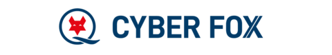 Logo mit einem stilisierten roten Fuchs-Kopf in einem blauen Kreis, gefolgt vom Schriftzug „CYBER FOX“ in fetten blauen Großbuchstaben.