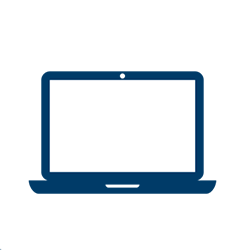 Einfaches blaues Symbol eines geöffneten Laptops mit einem leeren weißen Bildschirm, von vorne auf hellgrauem Hintergrund dargestellt.