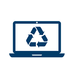 Ein blaues Laptop-Symbol mit einem Recycling-Symbol auf dem Bildschirm, das für Elektronikrecycling oder umweltfreundliche Technologie steht.