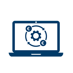 Ein Laptop-Symbol, das ein Zahnrad zeigt, das von kreisförmigen Pfeilen und Euro-Symbolen umgeben ist und Online-Finanzvorgänge oder automatisierte Transaktionen darstellt.