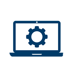 Ein blaues Symbol, das einen Laptop mit einem Zahnrad-Symbol auf dem Bildschirm darstellt und für Computereinstellungen oder die Systemkonfiguration steht.
