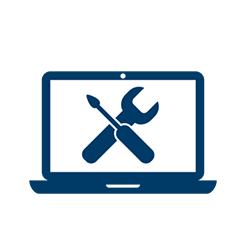 Ein blaues Symbol, das einen Laptop zeigt, auf dem ein Schraubendreher und ein Schraubenschlüssel gekreuzt sind – als Symbol für Computerreparaturen oder technischen Support – vor einem hellen Hintergrund.